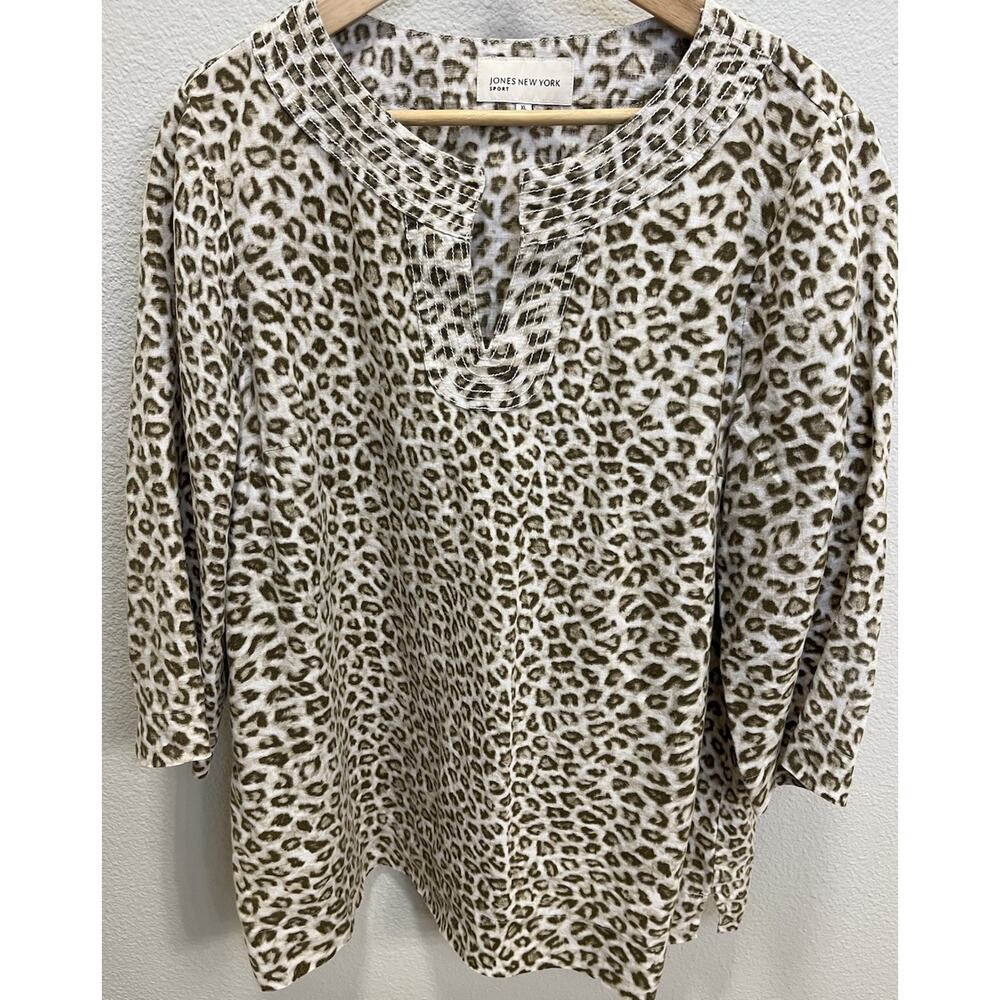 Jones New York Linen Leopard Print Tunic Top XL Extra Large Boho Lagenlook